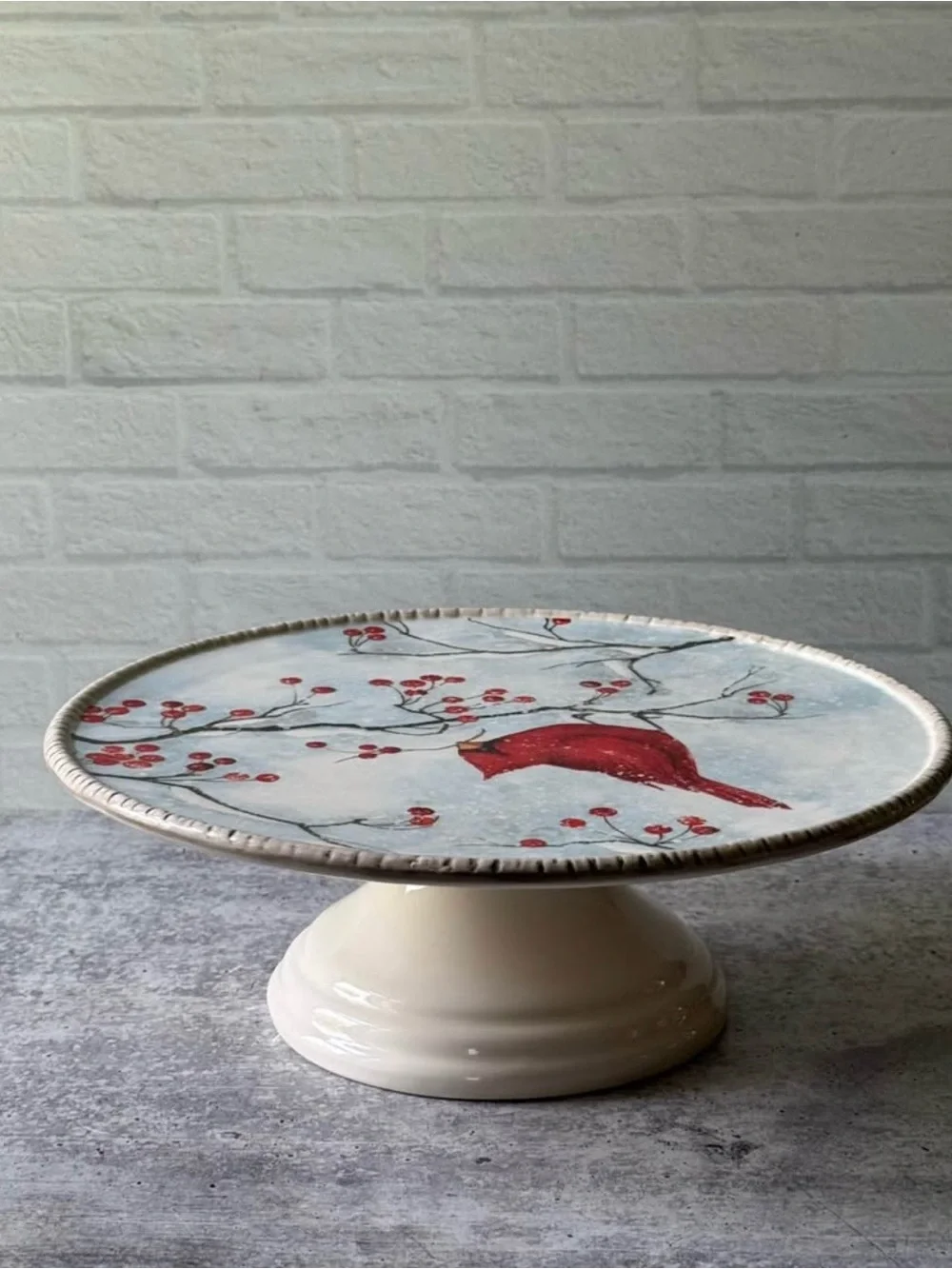 Cracker Barrel Red Cardinal Bird Cake Stand Winter Theme - Hard To Find